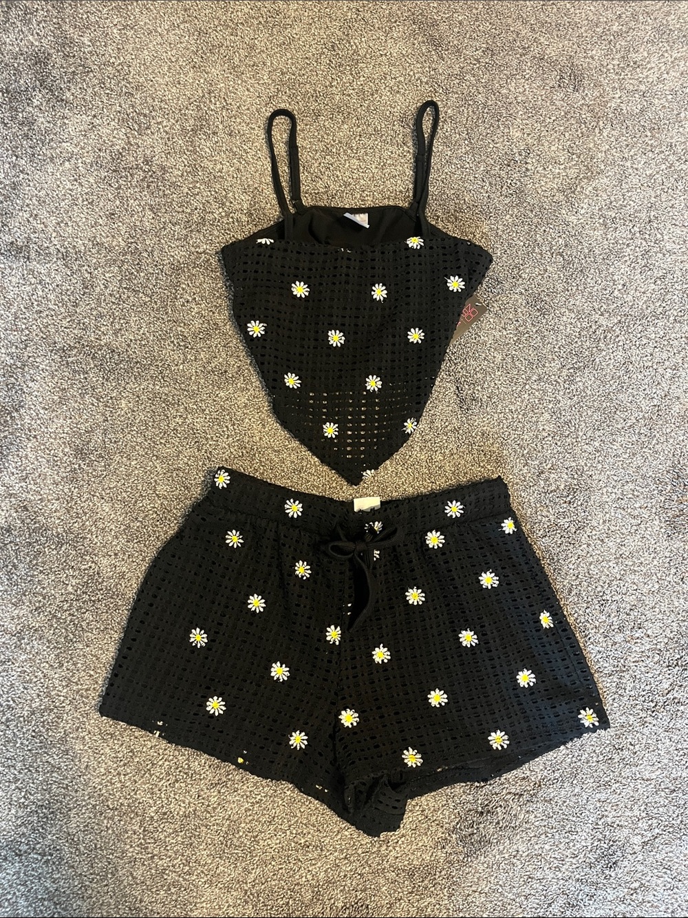 Black Daisy Crochet Tank and Shorts Set